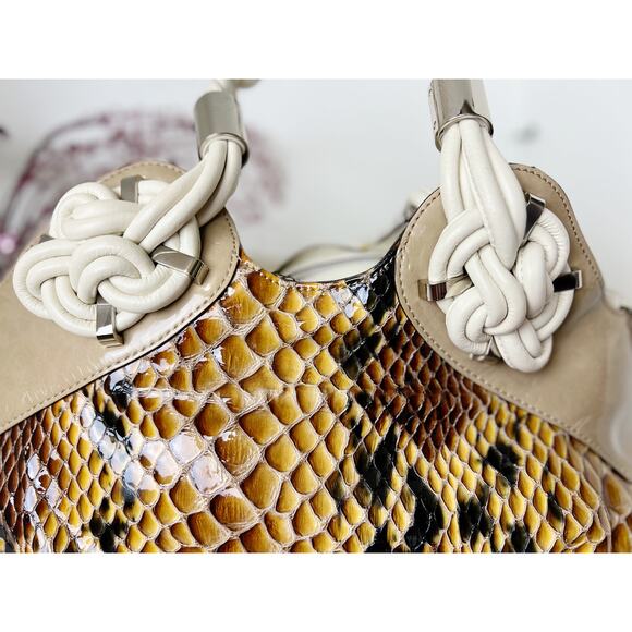 Cromia Genuine Tan Leather and Snakeskin Animal Print Hobo Purse Handbag - Picture 13 of 15